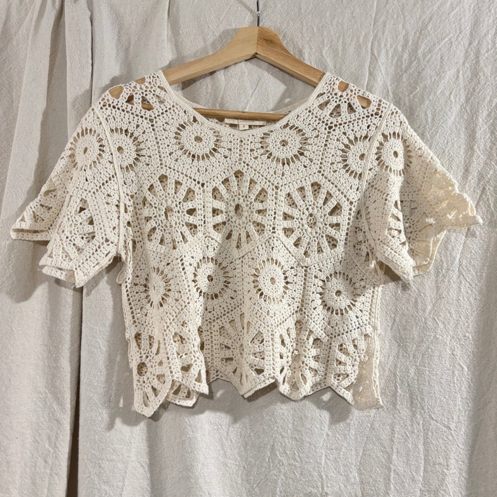 Rebellion Again Cream Crochet Cotton Top Short Sleeve Boho Scalloped Hem Small